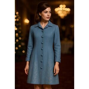 Vintage 60s Sky Blue Wool Coat Dress Women’s Small Metallic Detail Mod Retro